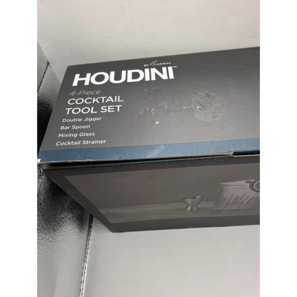 Houdini 4 Piece Cocktail Tool Set Mixing Glass Jigger Strainer Bar Spoon NEW